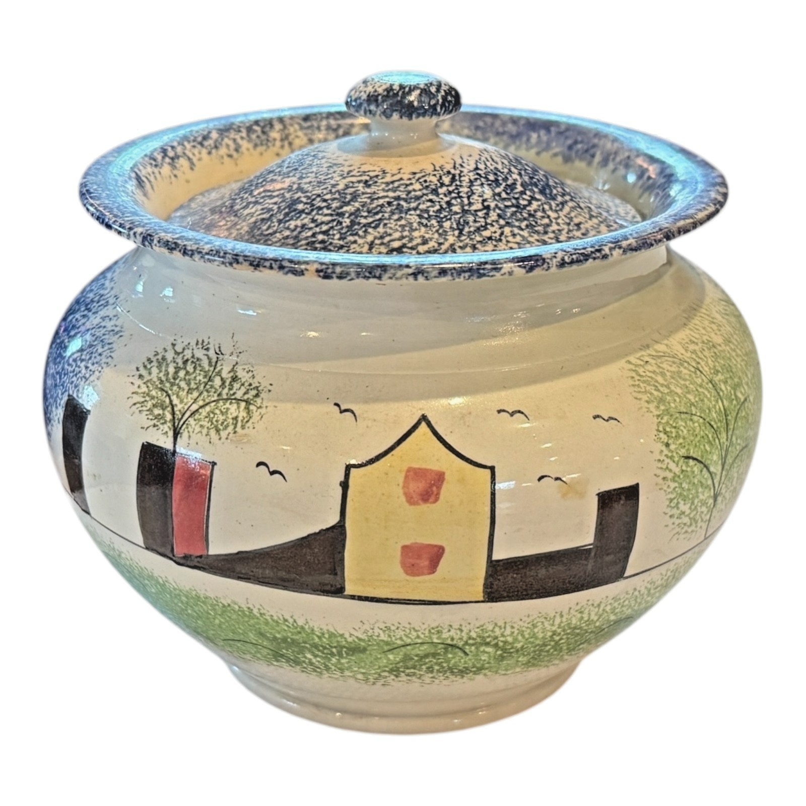 Antique Staffordshire Spongeware Lidded Sugar Bowl - Schoolhouse Motif