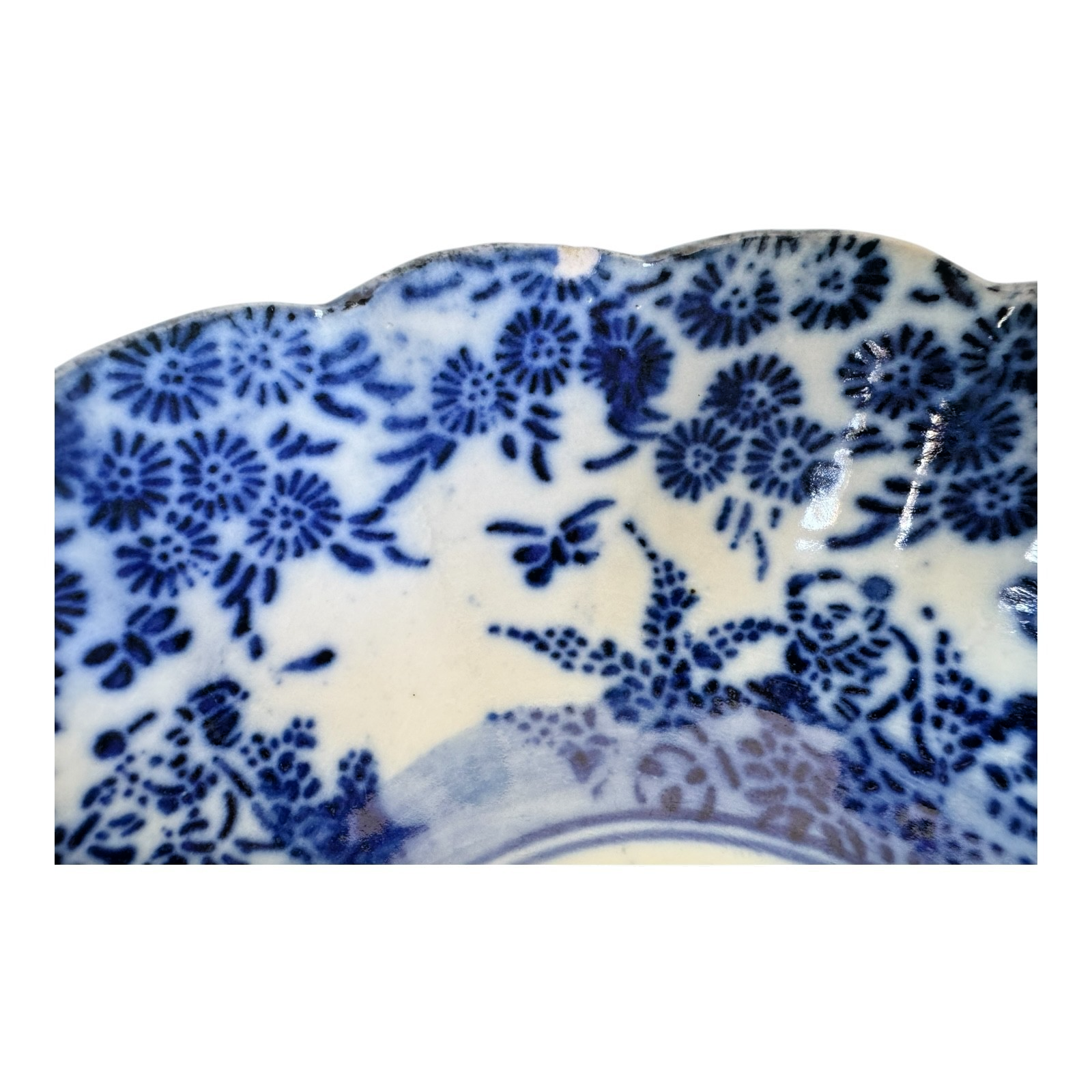 Antique Chinese Blue White Transferware Porcelain Bowl - Scalloped Rim