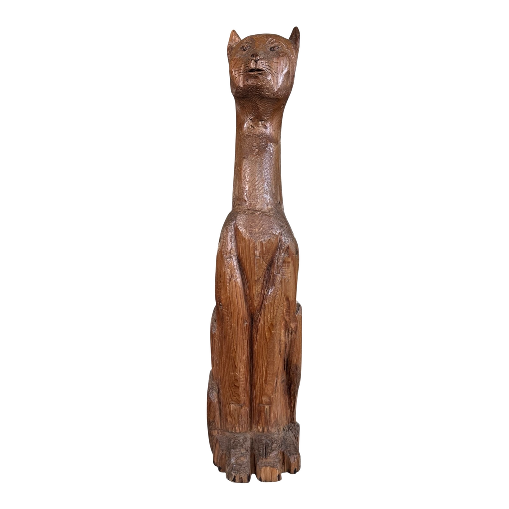 Vintage Tall Mid-Century Handcarved Folk Art Primitive Wooden Cat Statue
