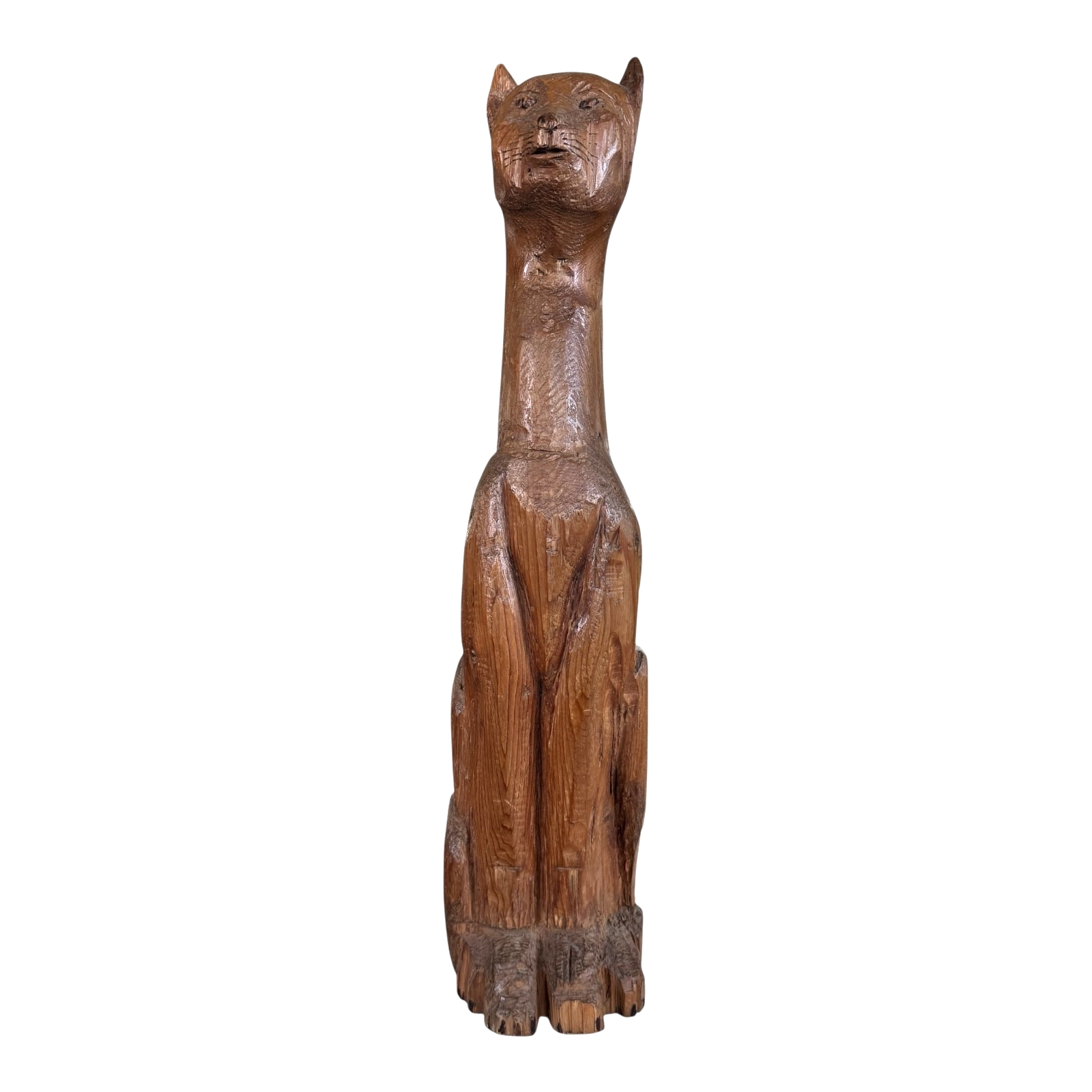 Vintage Tall Mid-Century Handcarved Folk Art Primitive Wooden Cat Statue