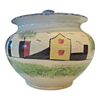 Antique Staffordshire Spongeware Lidded Sugar Bowl - Schoolhouse Motif