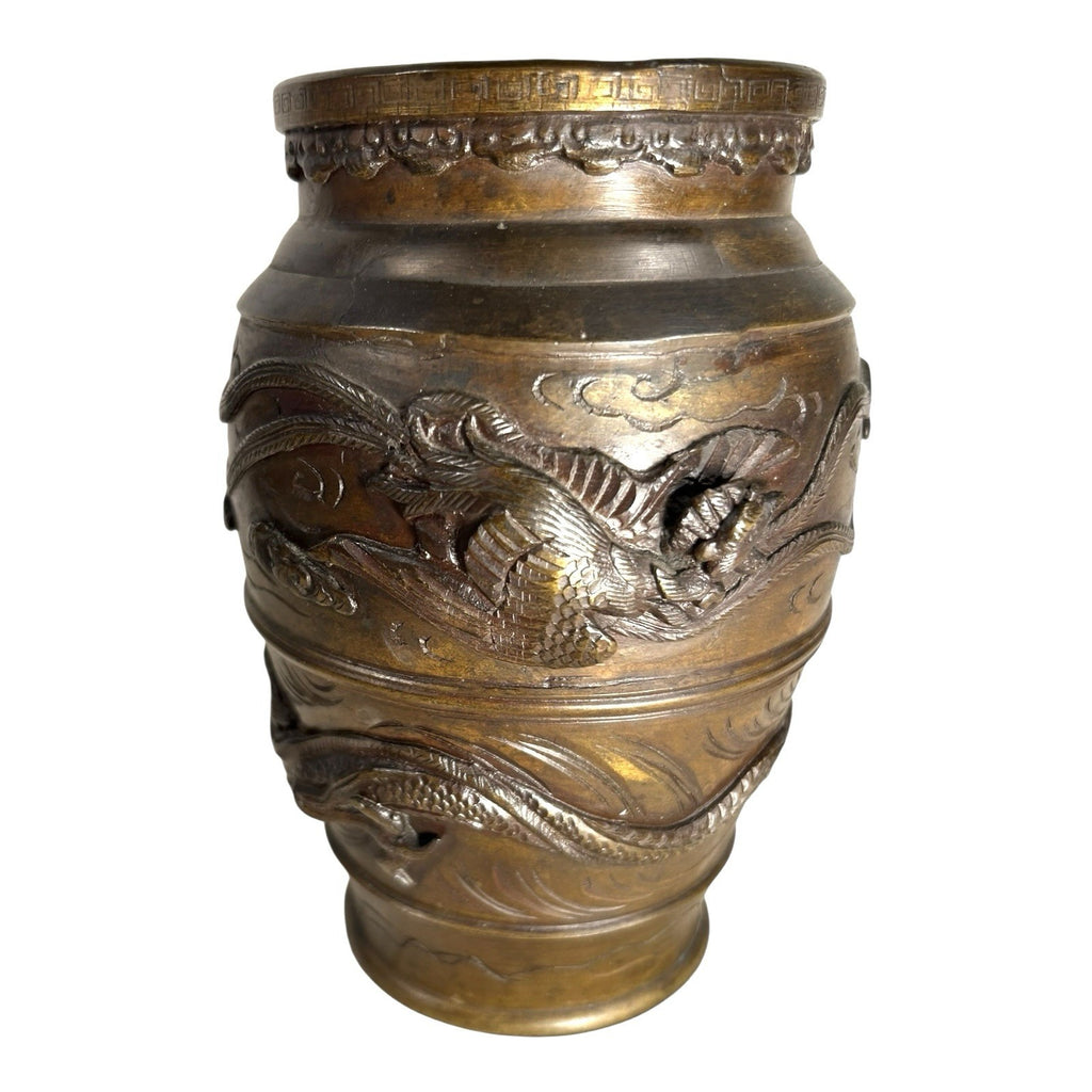 Antique Bronze Meiji Period Banded Vase with High Relief Dragon Theme