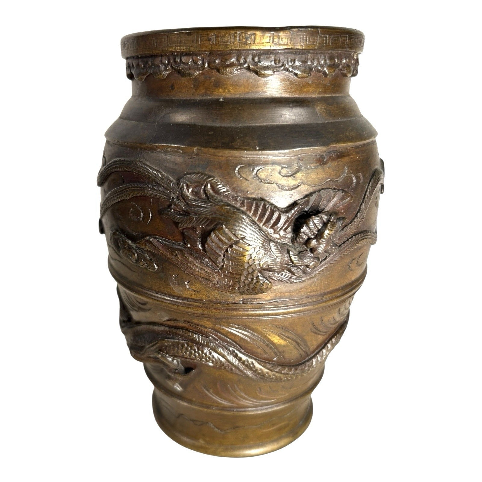 Antique Bronze Meiji Period Banded Vase with High Relief Dragon Theme