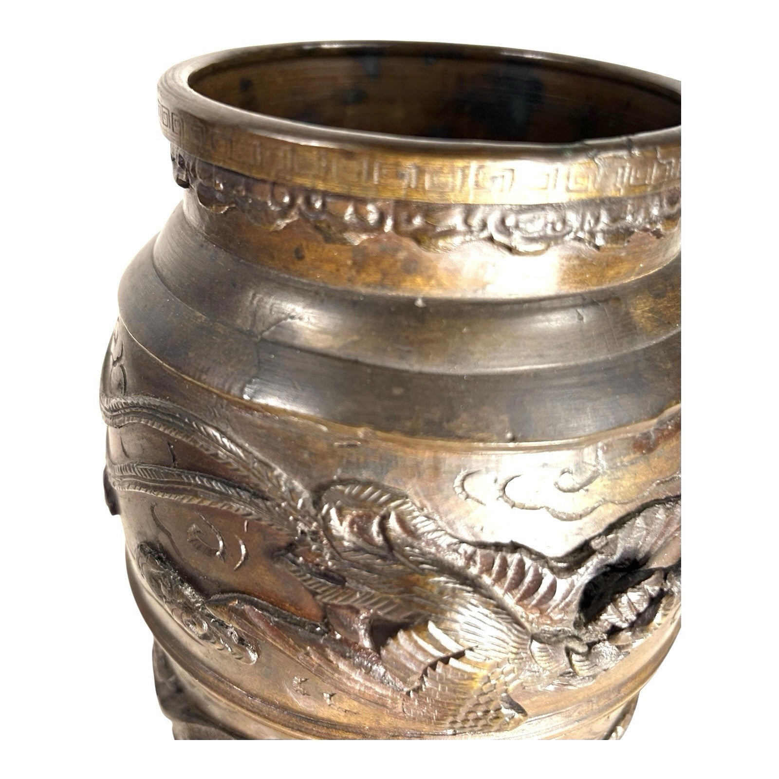 Antique Bronze Meiji Period Banded Vase with High Relief Dragon Theme