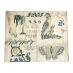Antique 1830 Folk Art Needlework Sampler with Bird & Butterfly Embroidery