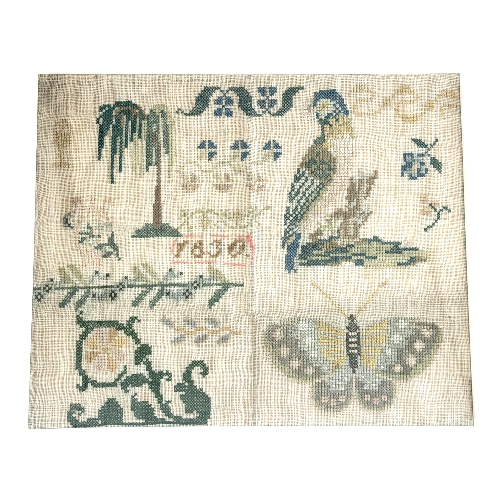 Antique 1830 Folk Art Needlework Sampler with Bird & Butterfly Embroidery