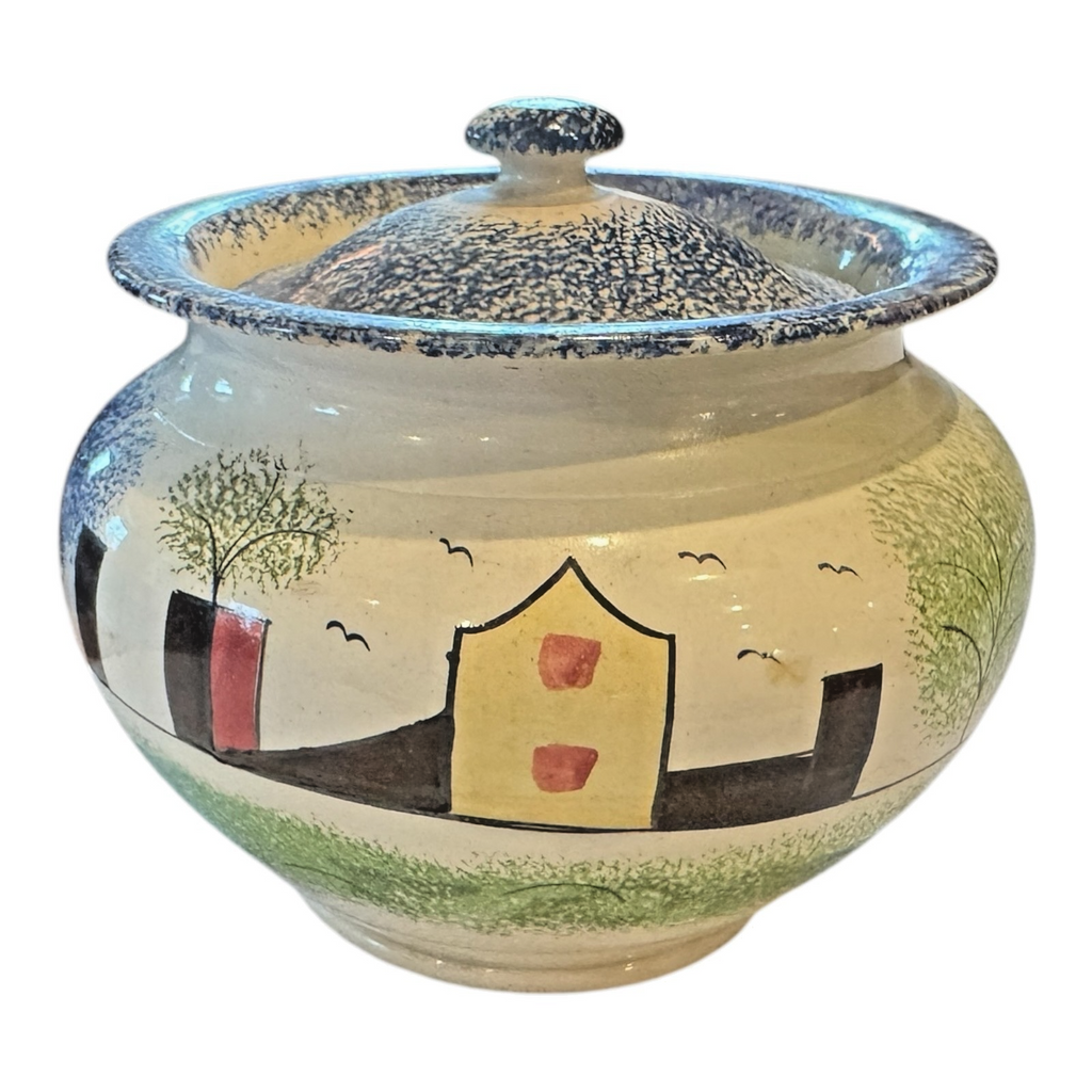 Antique Staffordshire Spongeware Lidded Sugar Bowl - Schoolhouse Motif