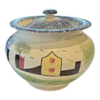 Antique Staffordshire Spongeware Lidded Sugar Bowl - Schoolhouse Motif