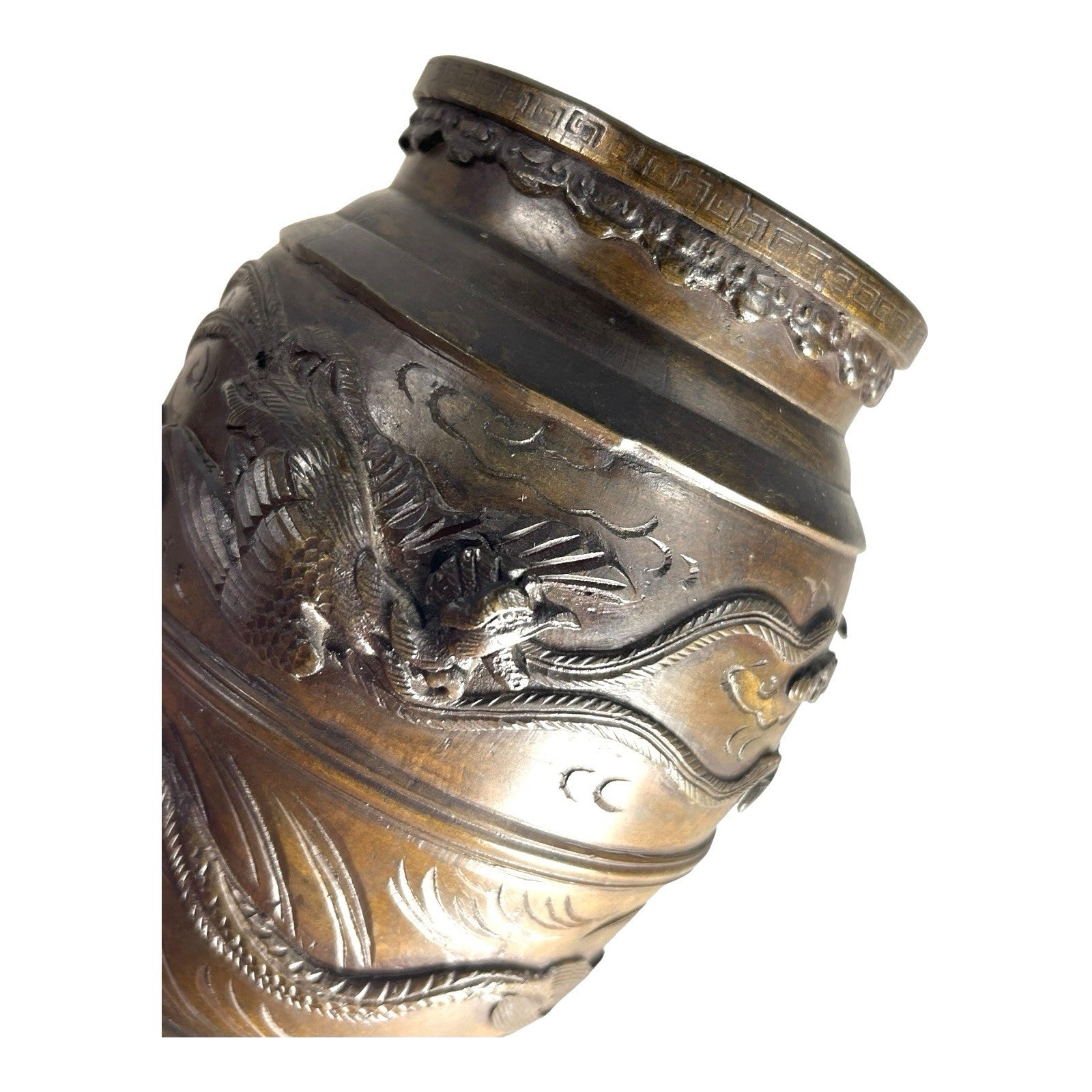 Antique Bronze Meiji Period Banded Vase with High Relief Dragon Theme