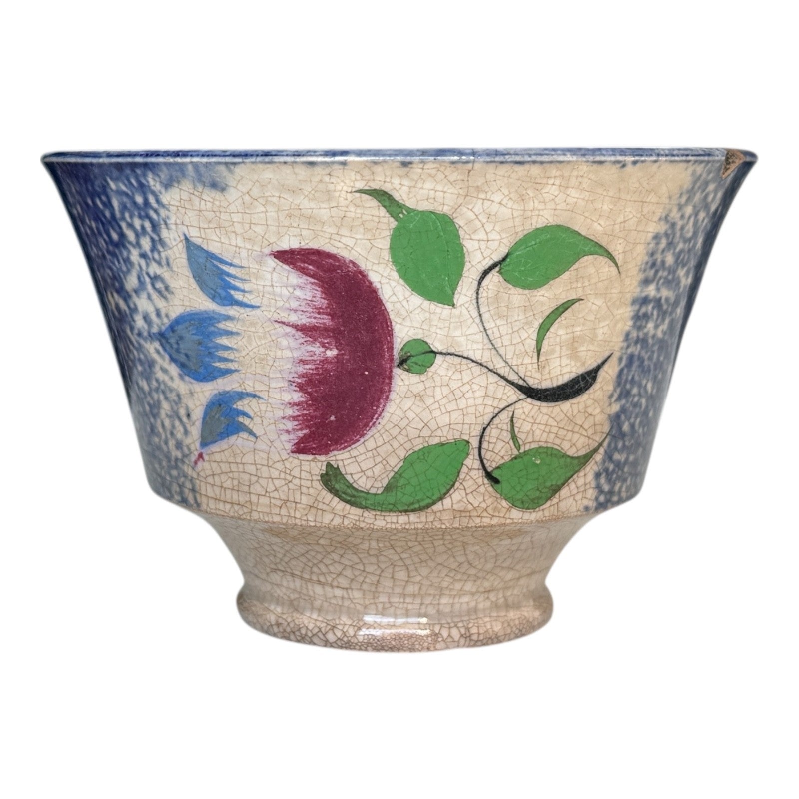 Antique Staffordshire Blue Spatterware Spongeware Teacup - Tulip Floral Design