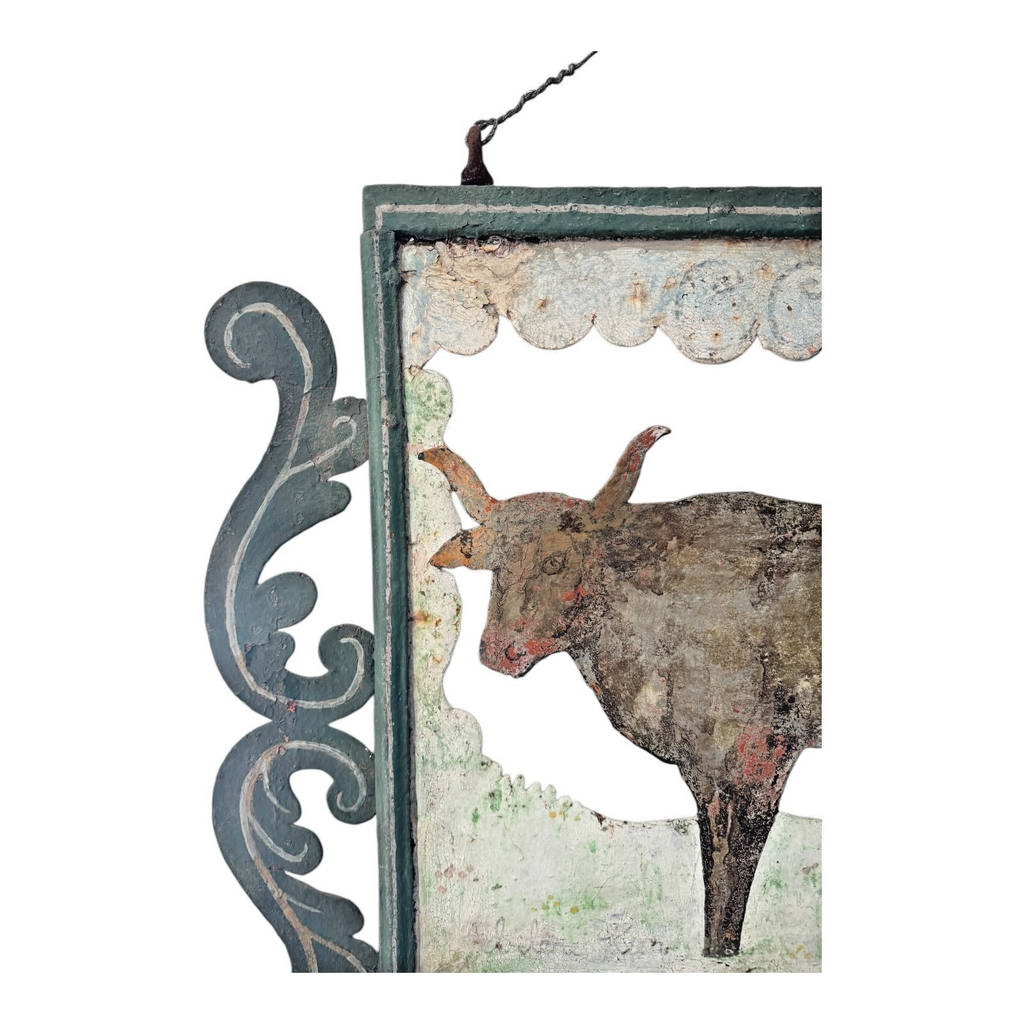 Antique Early 1900s American Folk Art Hand-Cut Metal Ranch Trade Sign, Steer/Cow