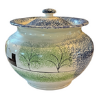 Antique Staffordshire Spongeware Lidded Sugar Bowl - Schoolhouse Motif