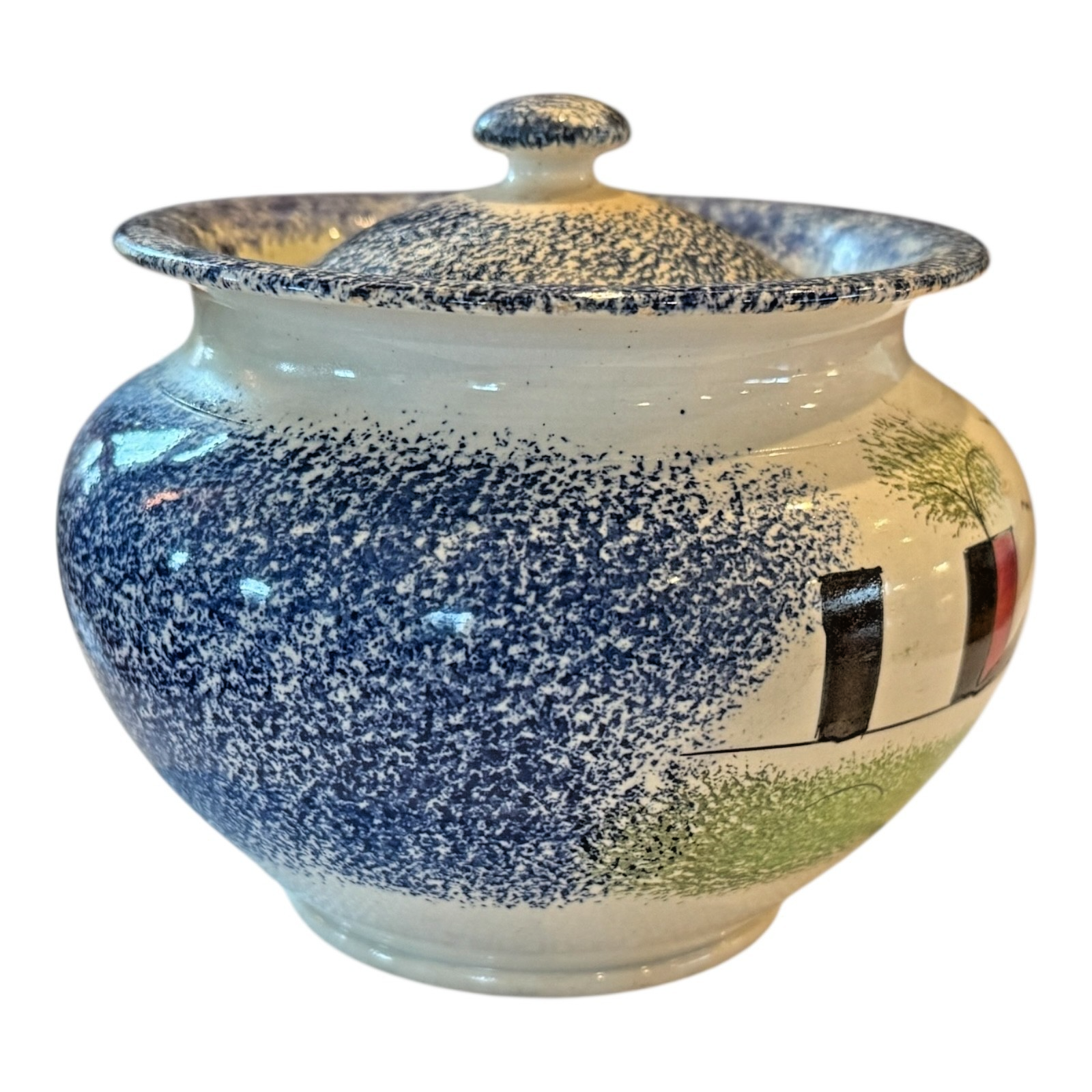 Antique Staffordshire Spongeware Lidded Sugar Bowl - Schoolhouse Motif