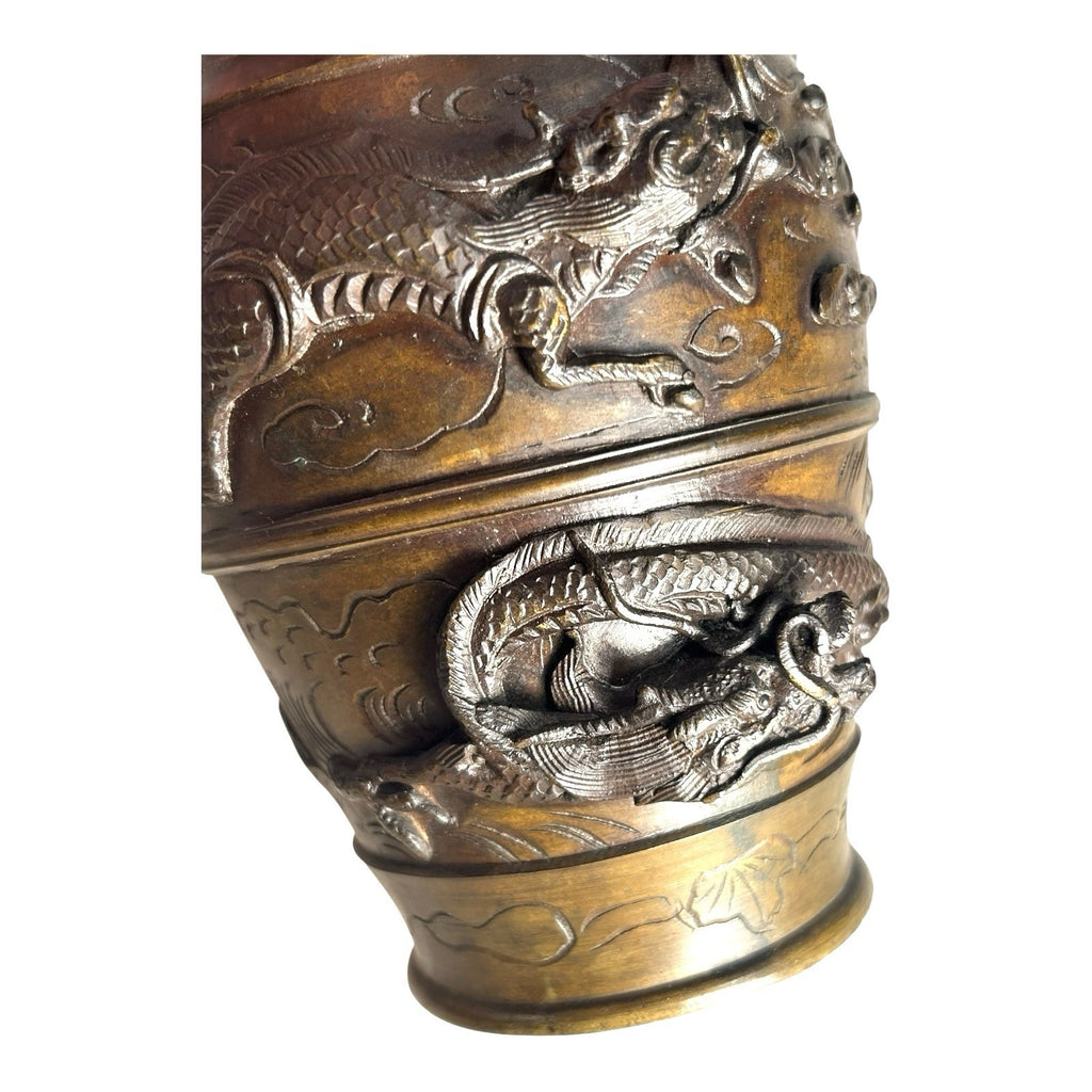 Antique Bronze Meiji Period Banded Vase with High Relief Dragon Theme