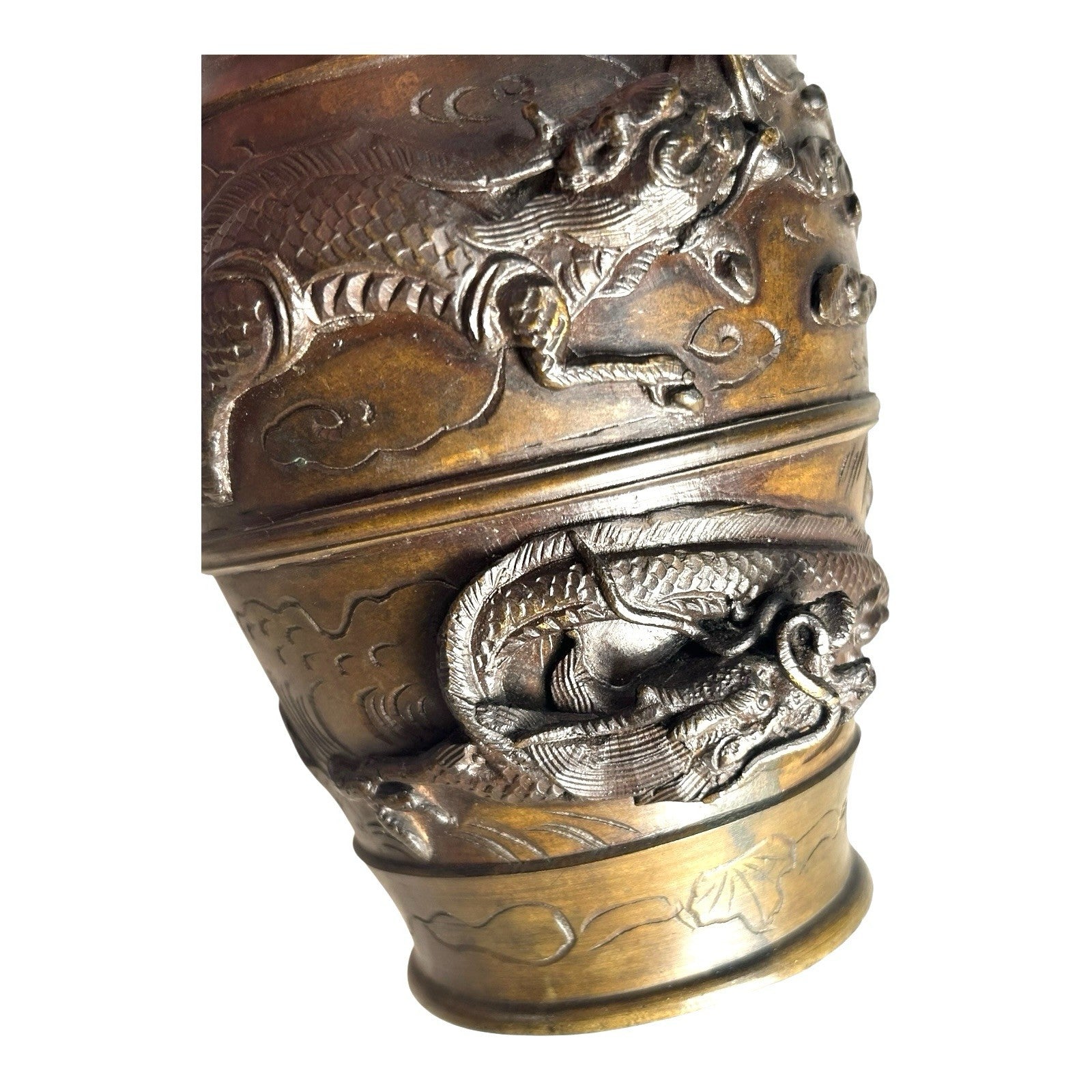 Antique Bronze Meiji Period Banded Vase with High Relief Dragon Theme