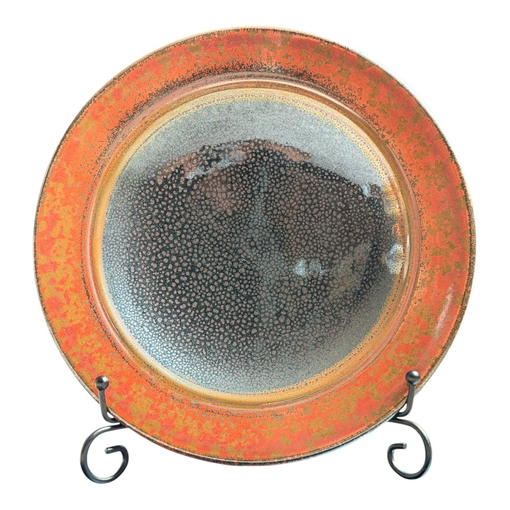 Vintage Studio Pottery Oil Spot Tenmoku Glaze Dinner Plate - Orange Kaki 9.75”