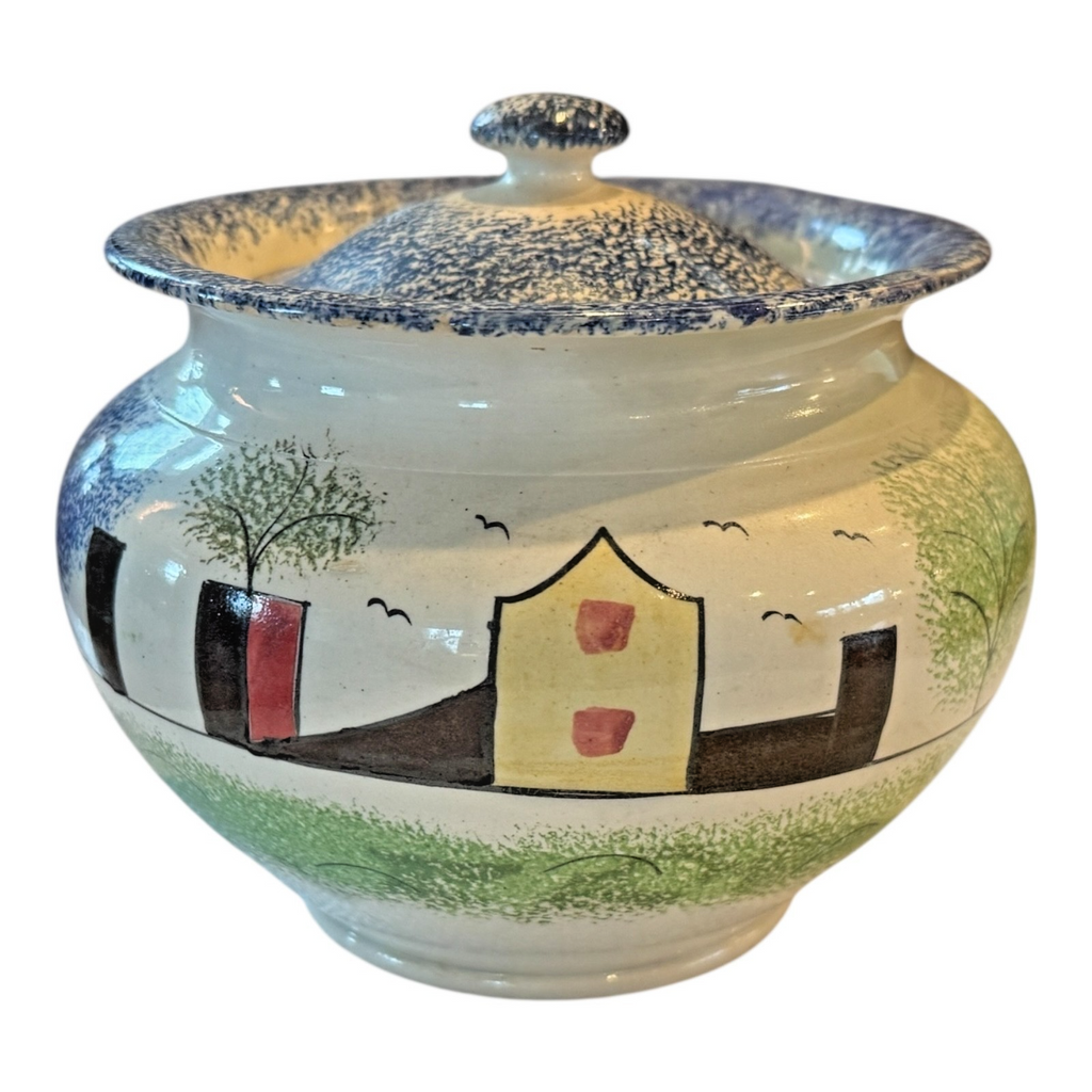 Antique Staffordshire Spongeware Lidded Sugar Bowl - Schoolhouse Motif