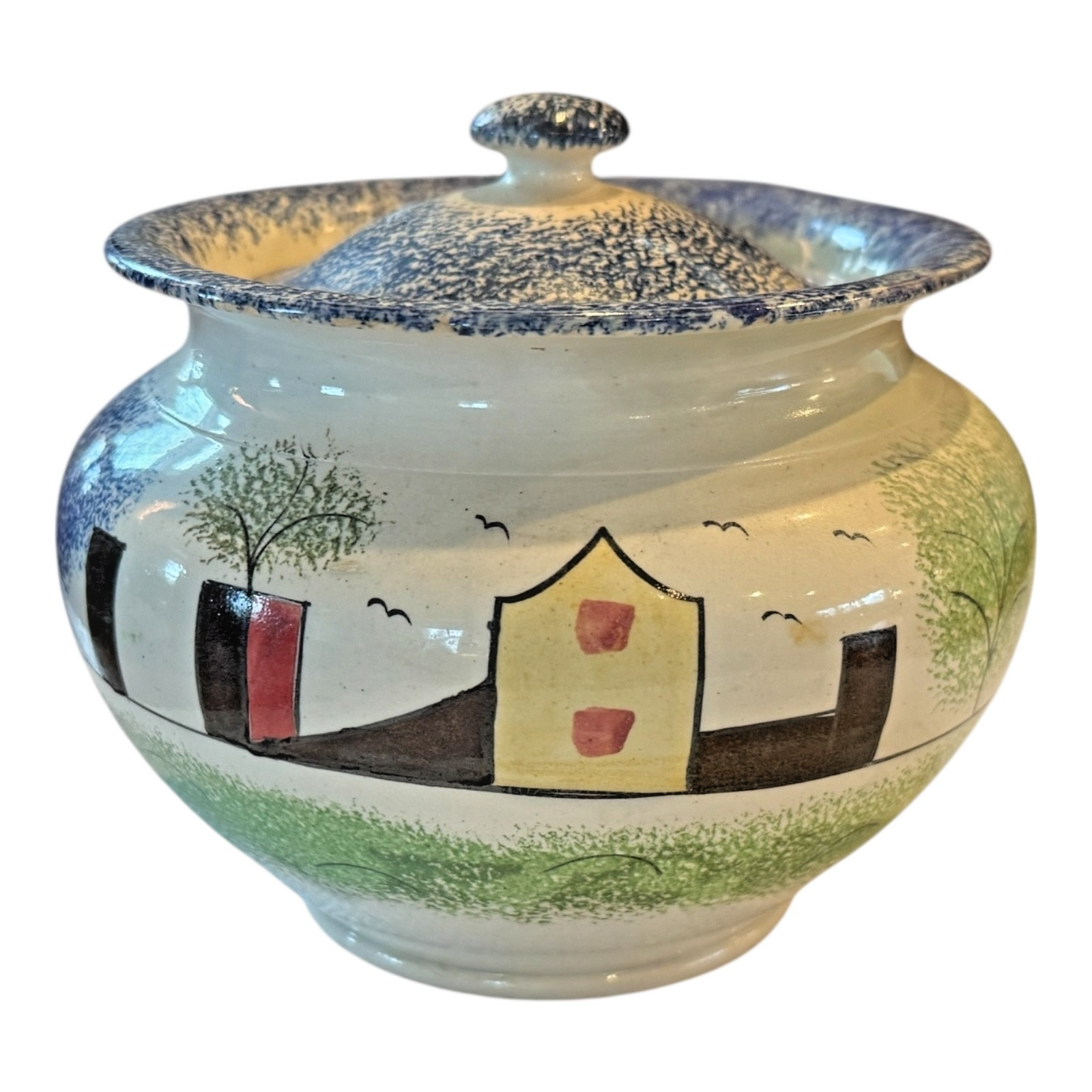 Antique Staffordshire Spongeware Lidded Sugar Bowl - Schoolhouse Motif