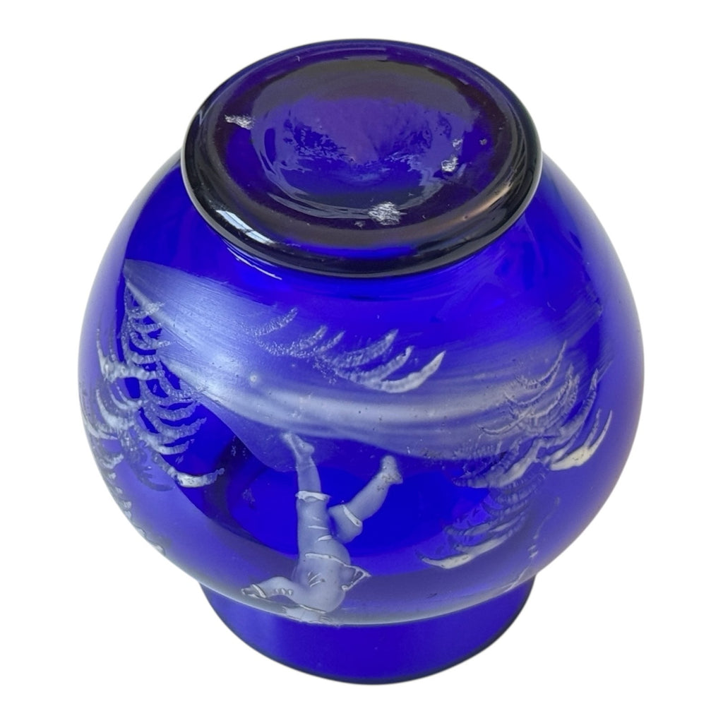 Antique Bohemian Mary Gregory Etched Cobalt Blue Miniature Art Glass Vase