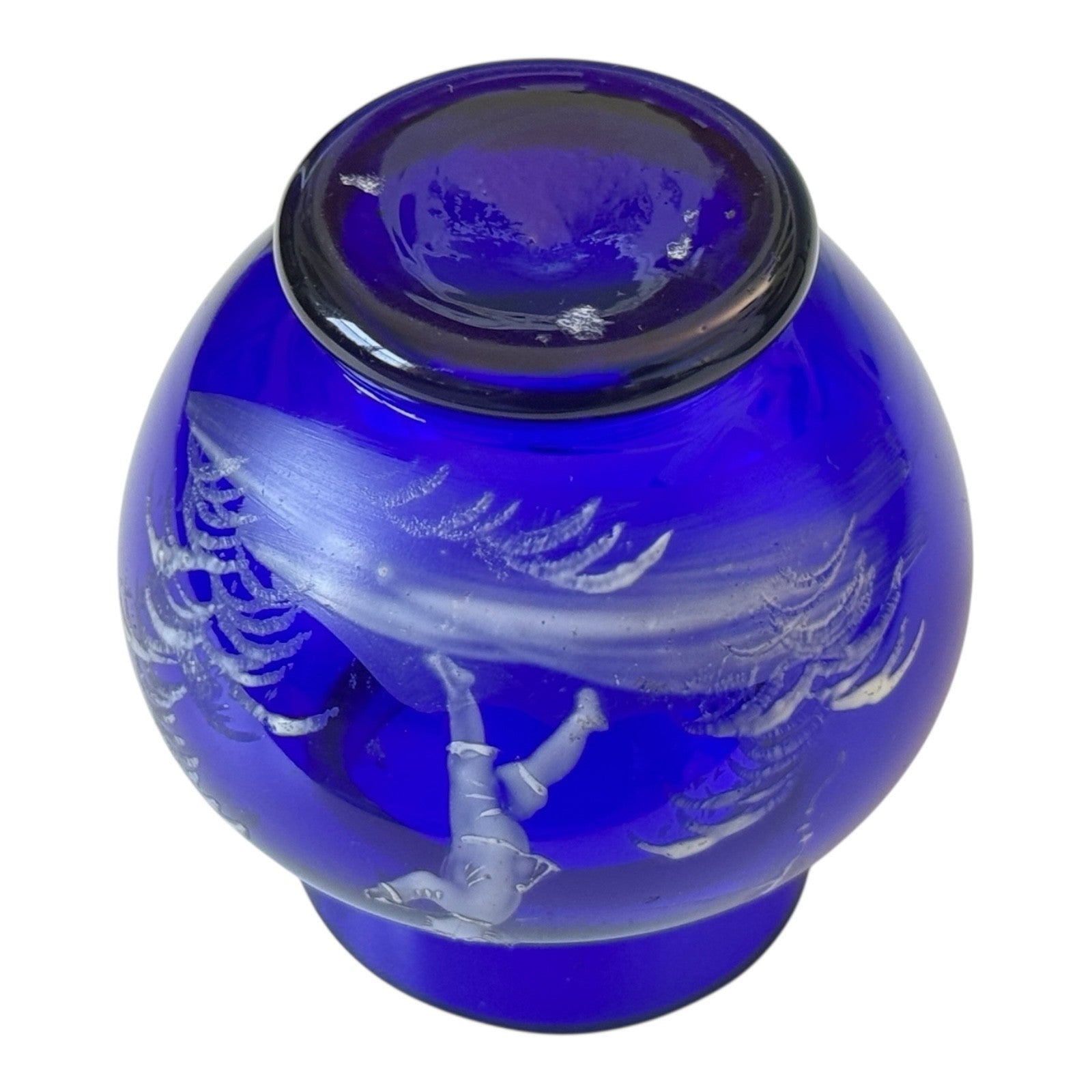 Antique Bohemian Mary Gregory Etched Cobalt Blue Miniature Art Glass Vase