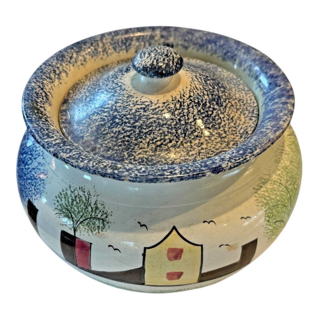 Antique Staffordshire Spongeware Lidded Sugar Bowl - Schoolhouse Motif