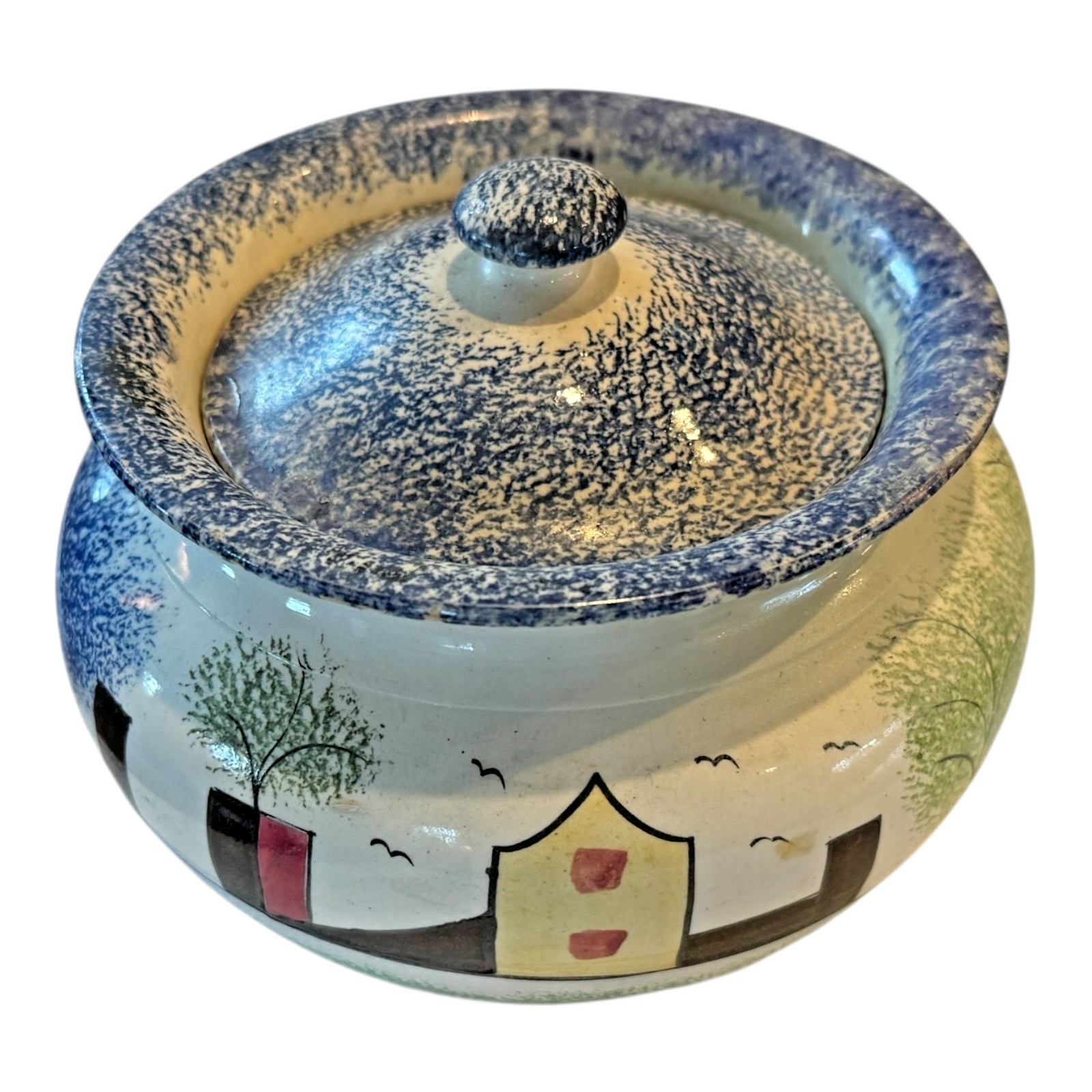 Antique Staffordshire Spongeware Lidded Sugar Bowl - Schoolhouse Motif