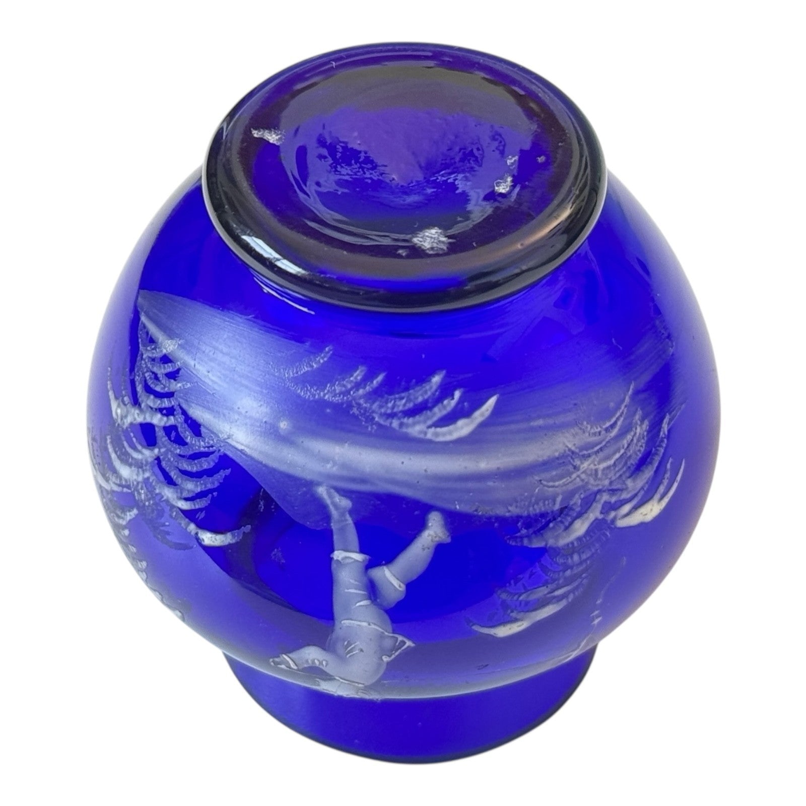 Antique Bohemian Mary Gregory Etched Cobalt Blue Miniature Art Glass Vase