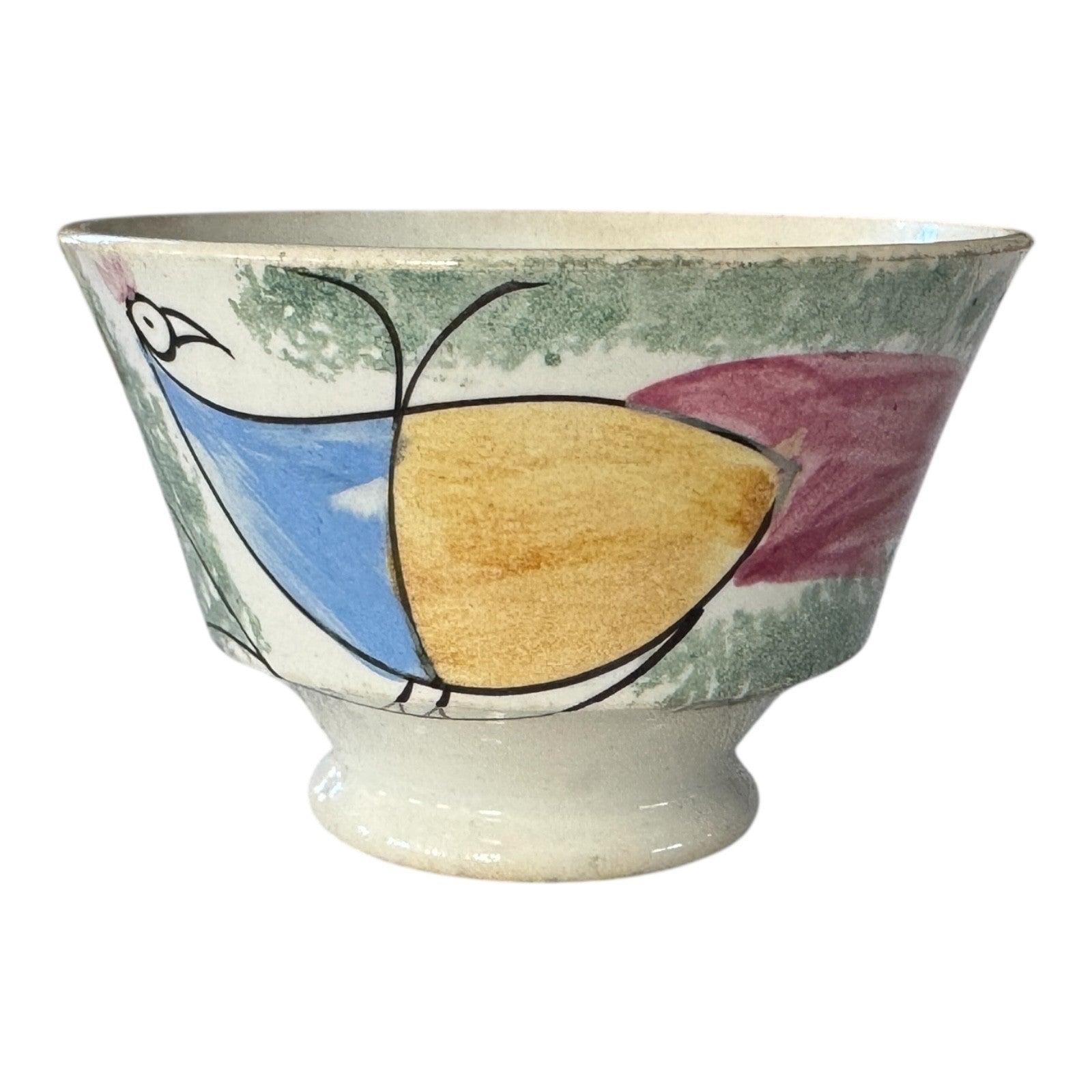Antique Staffordshire Green Spatterware Spongeware Teacup - Peafowl Design