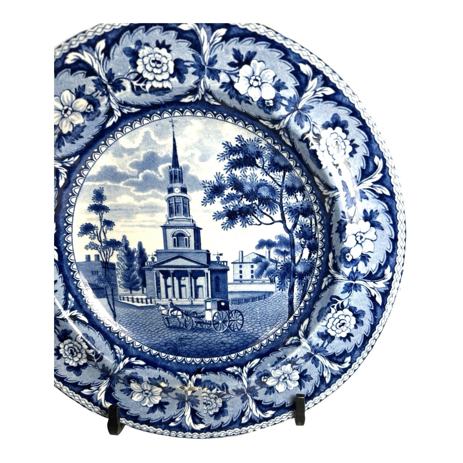 Antique Staffordshire Blue Transferware Historical Bowl Octagon Church
