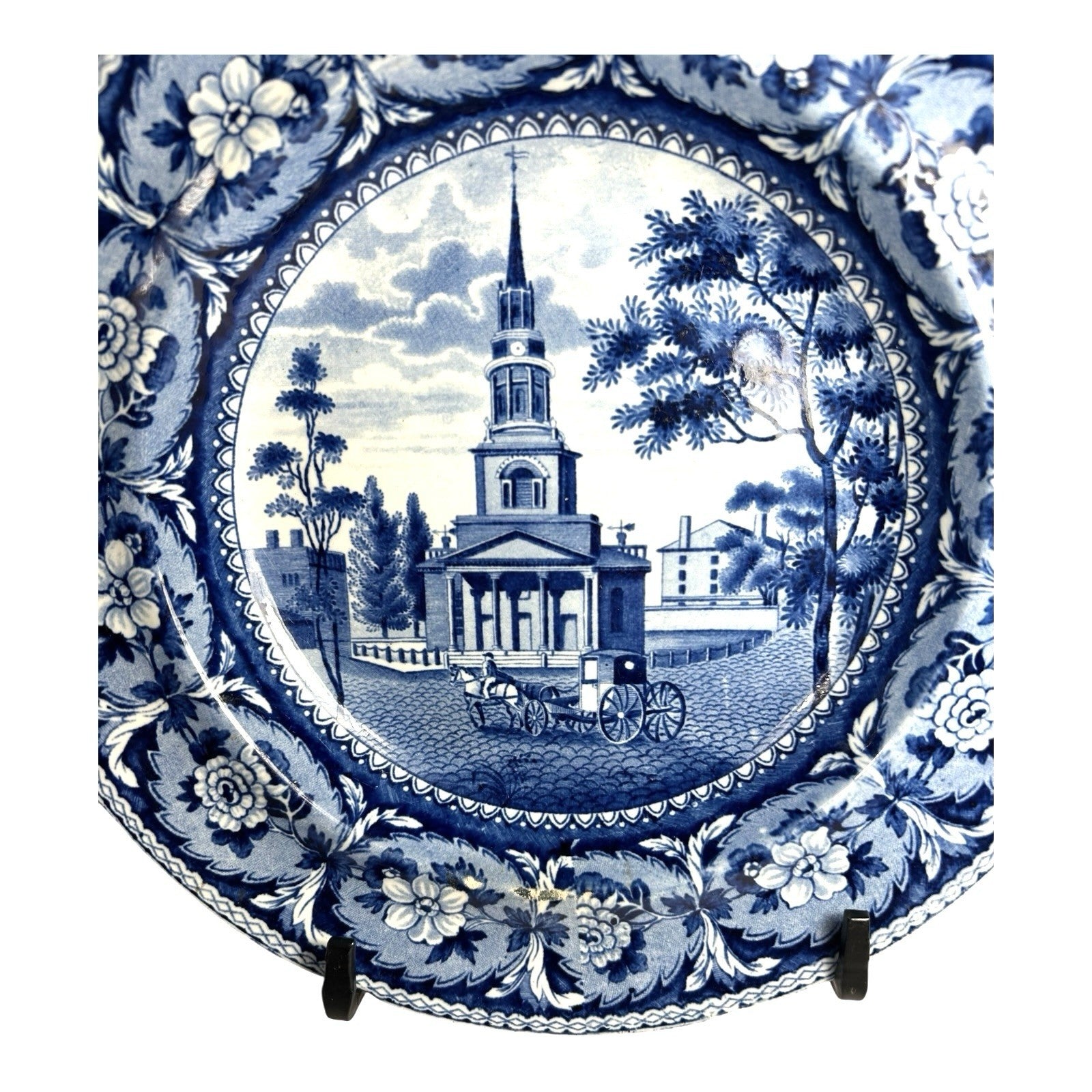 Antique Staffordshire Blue Transferware Historical Bowl Octagon Church