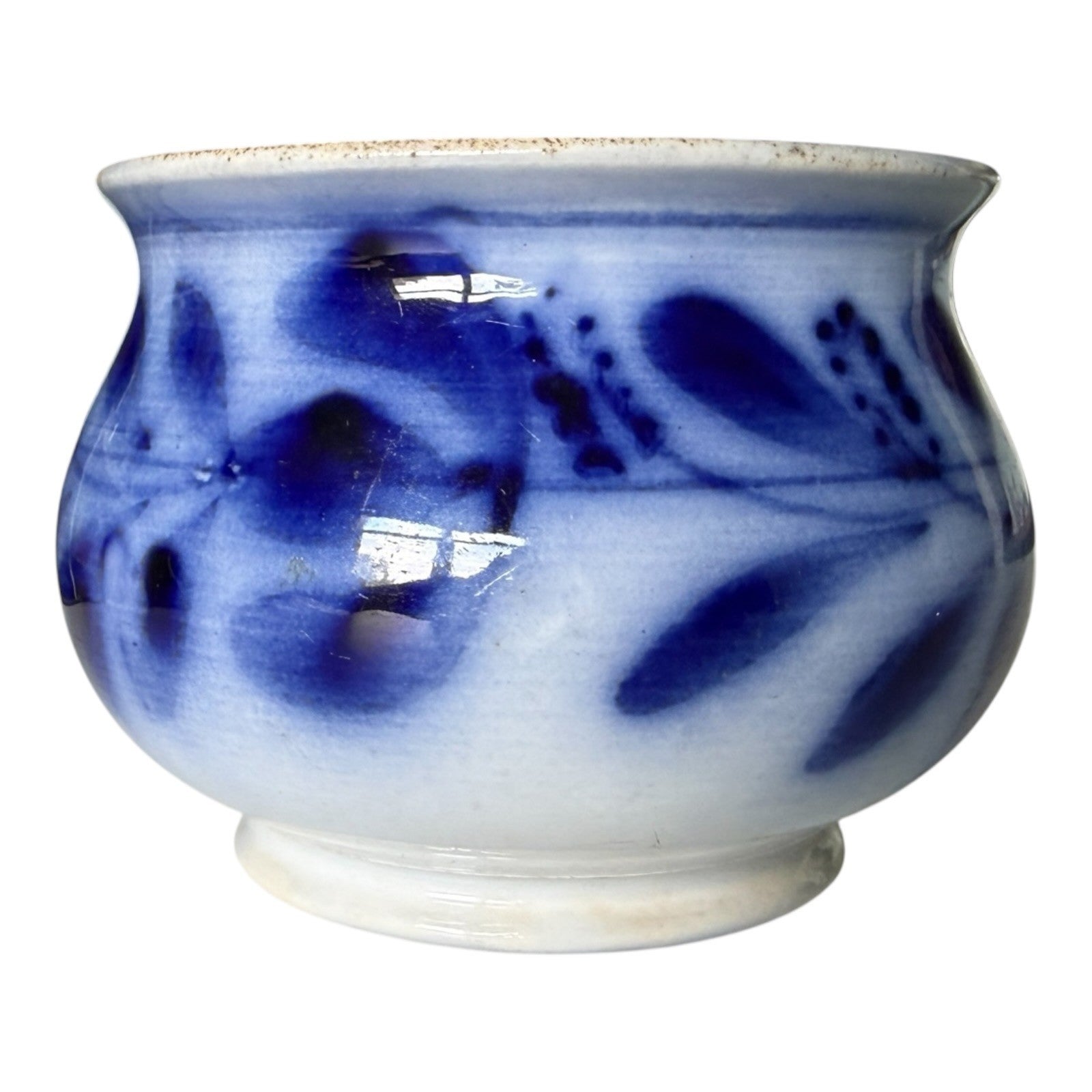 Antique Flow Blue Pottery Hand Painted Floral Jardiniere Cache Pot Bowl