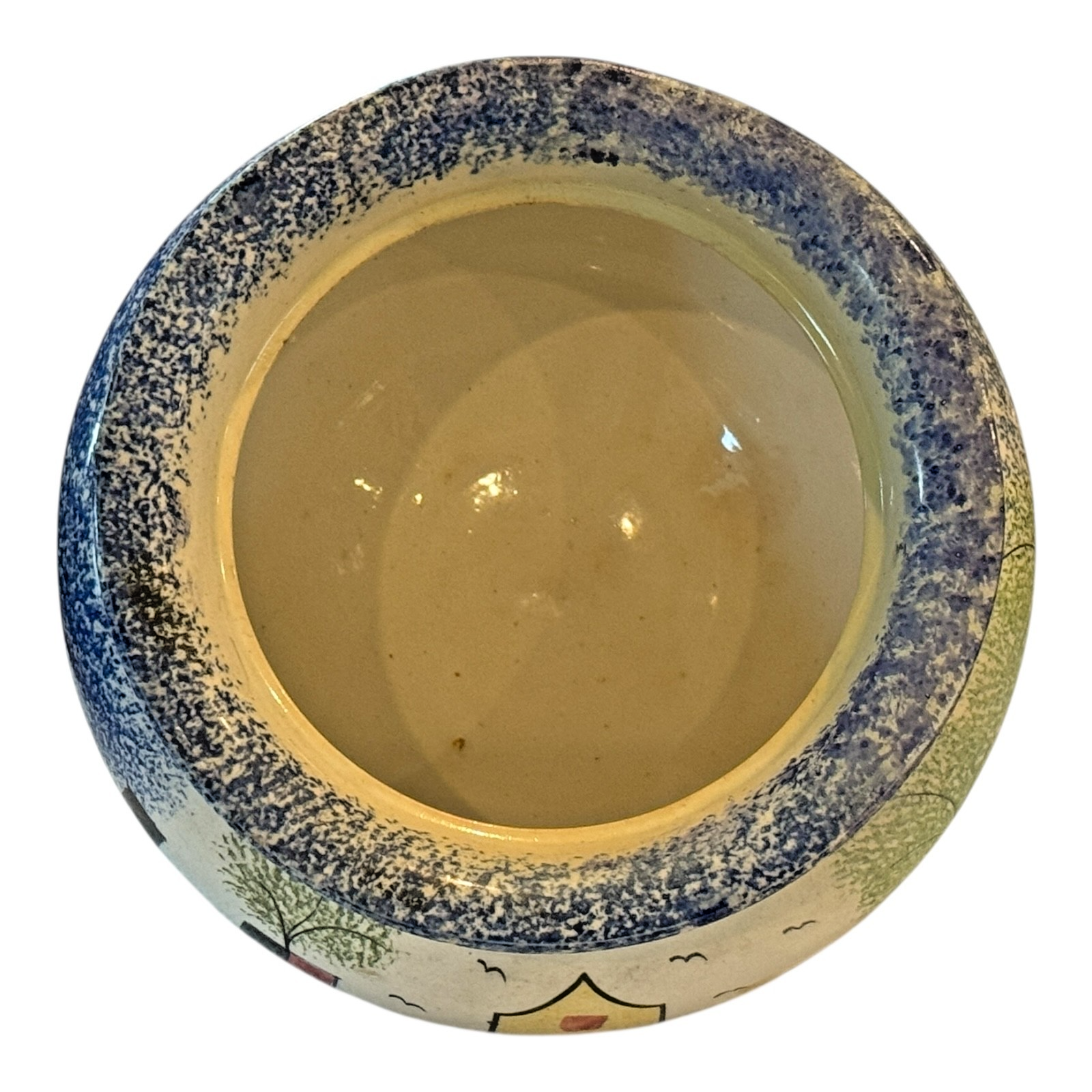 Antique Staffordshire Spongeware Lidded Sugar Bowl - Schoolhouse Motif