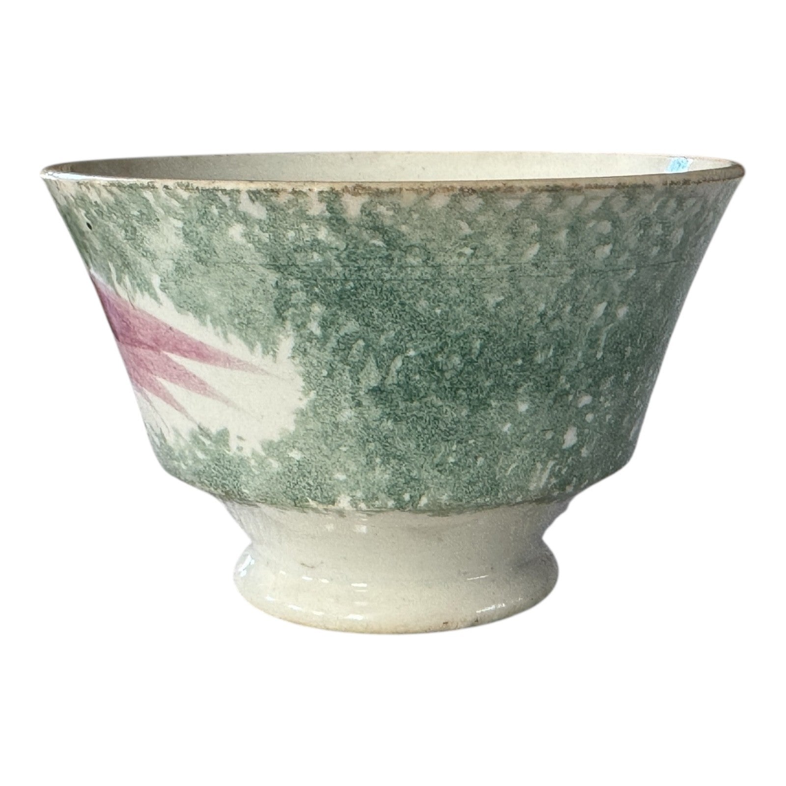 Antique Staffordshire Green Spatterware Spongeware Teacup - Peafowl Design