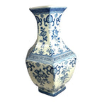 Antique Chinese Qing Dynasty 6 Sided Blue & White Floral Vase - Marked on Bottom