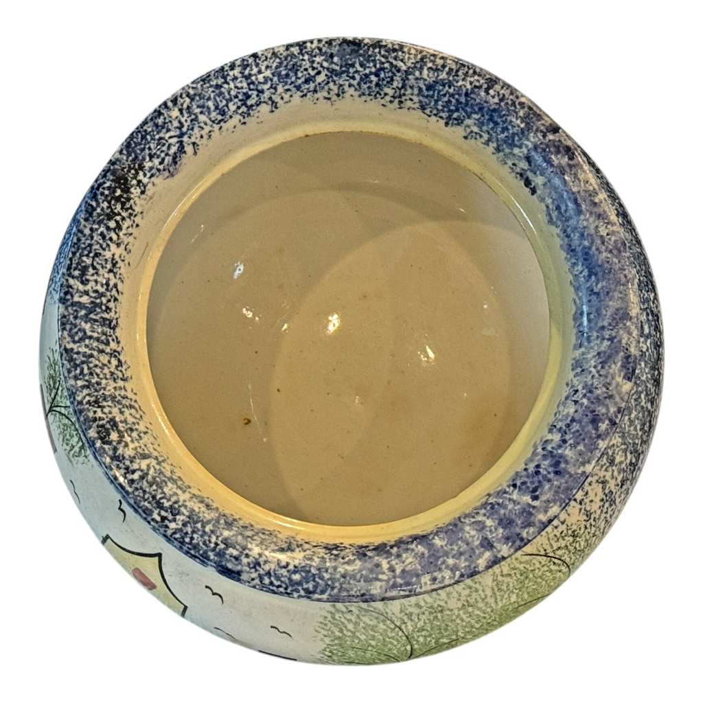 Antique Staffordshire Spongeware Lidded Sugar Bowl - Schoolhouse Motif