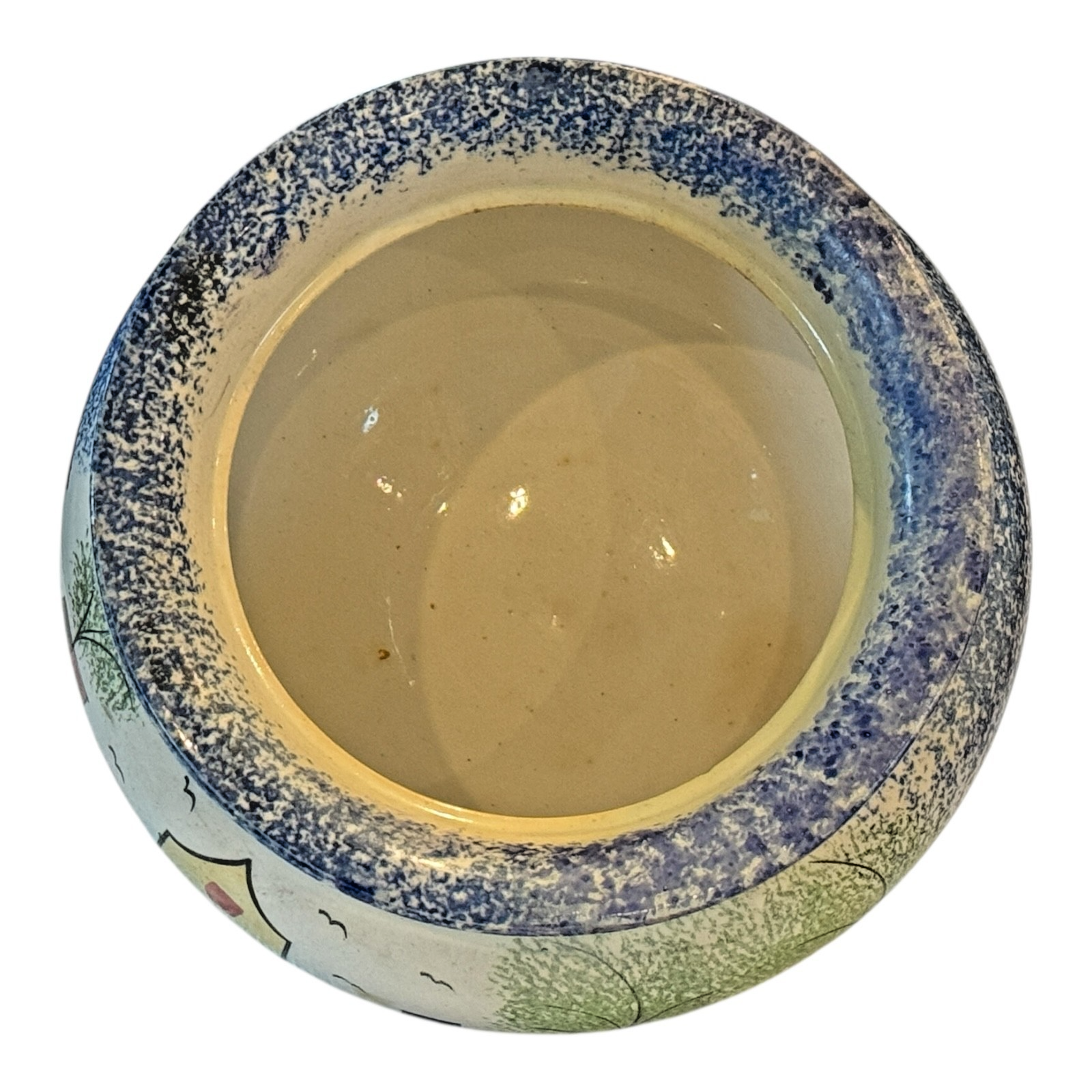 Antique Staffordshire Spongeware Lidded Sugar Bowl - Schoolhouse Motif