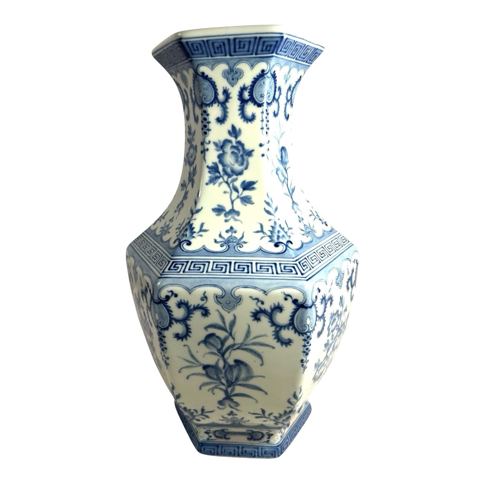 Antique Chinese Qing Dynasty 6 Sided Blue & White Floral Vase - Marked on Bottom