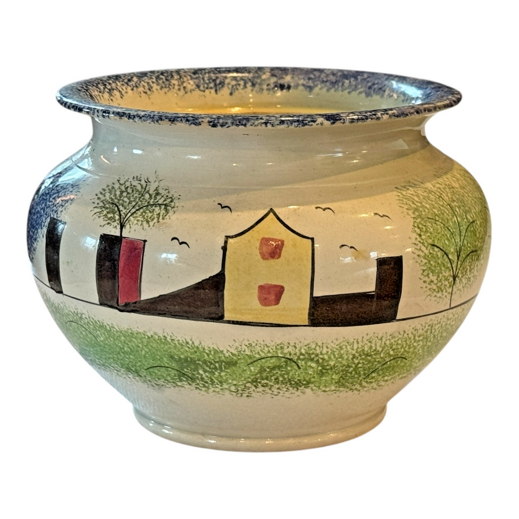Antique Staffordshire Spongeware Lidded Sugar Bowl - Schoolhouse Motif
