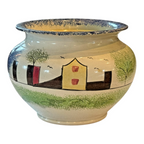 Antique Staffordshire Spongeware Lidded Sugar Bowl - Schoolhouse Motif