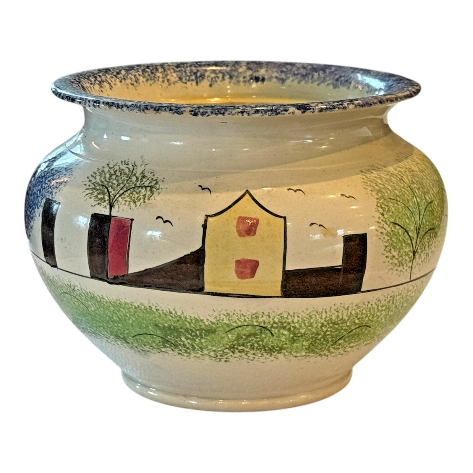 Antique Staffordshire Spongeware Lidded Sugar Bowl - Schoolhouse Motif