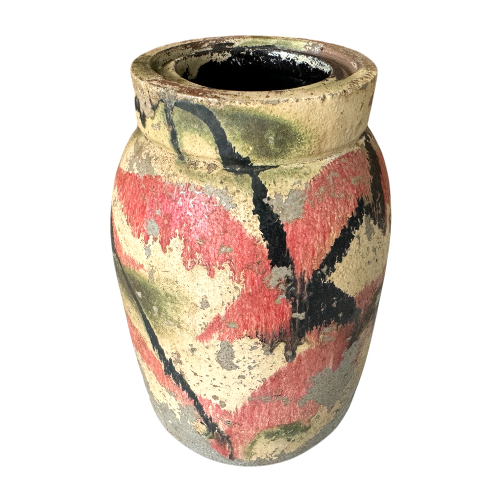 Vintage Ozark Roadside Tourist Stoneware Pottery Vase - Red Black Drip Glaze