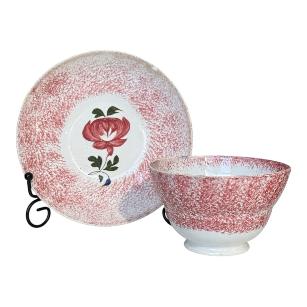 Antique Staffordshire Red Spatterware Spongeware Cup & Saucer