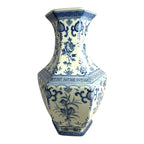 Antique Chinese Qing Dynasty 6 Sided Blue & White Floral Vase - Marked on Bottom