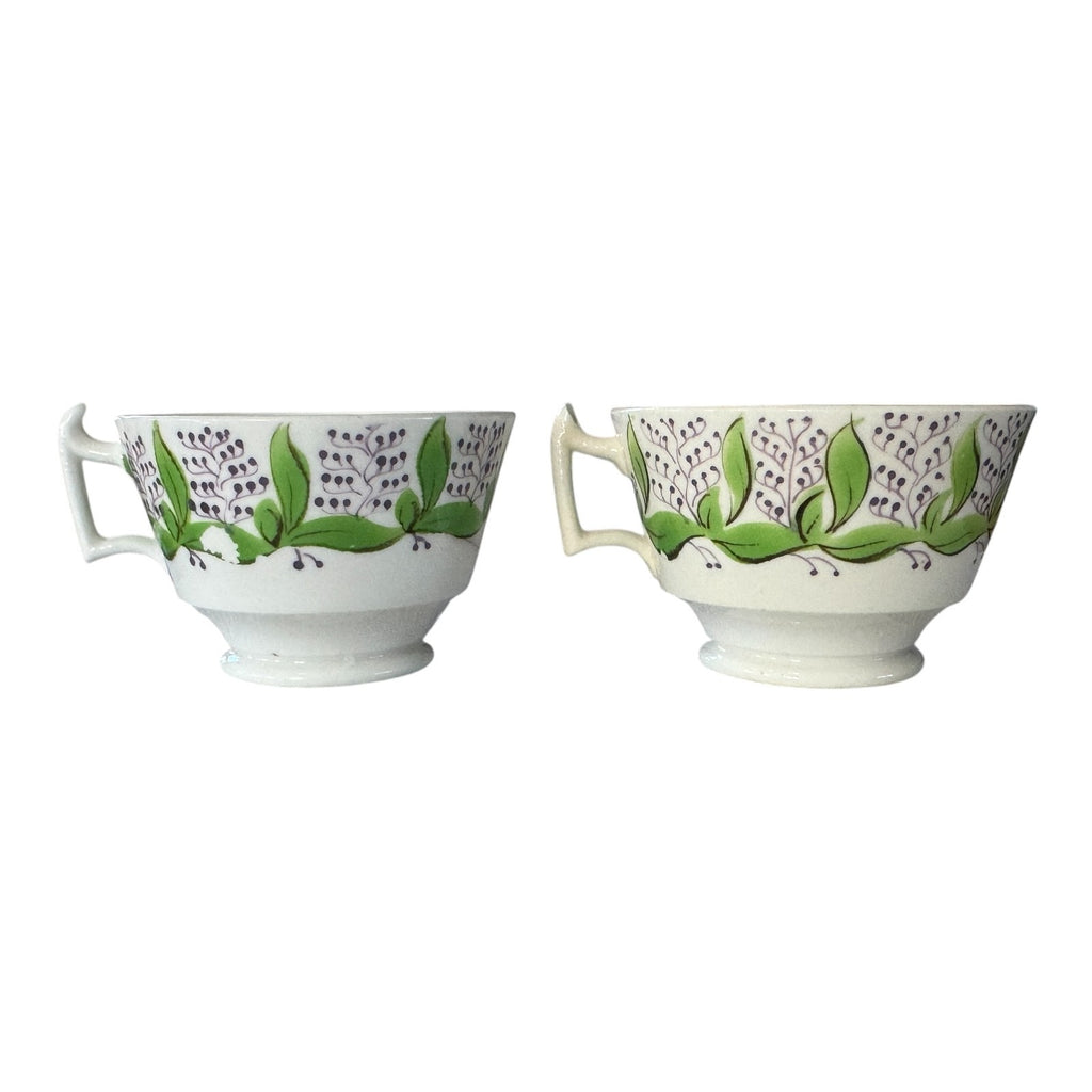 Antique Staffordshire Pearlware Hand Enameled Purple Floral Teacups