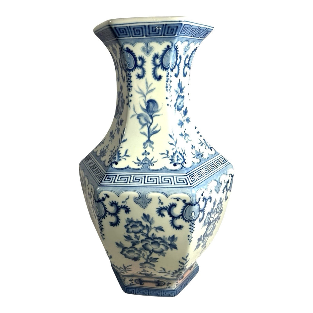 Antique Chinese Qing Dynasty 6 Sided Blue & White Floral Vase - Marked on Bottom