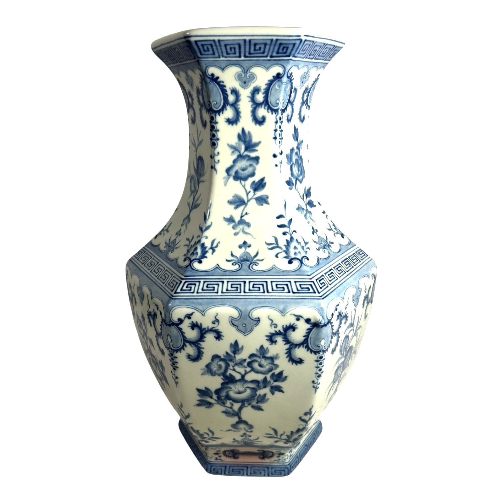 Antique Chinese Qing Dynasty 6 Sided Blue & White Floral Vase - Marked on Bottom