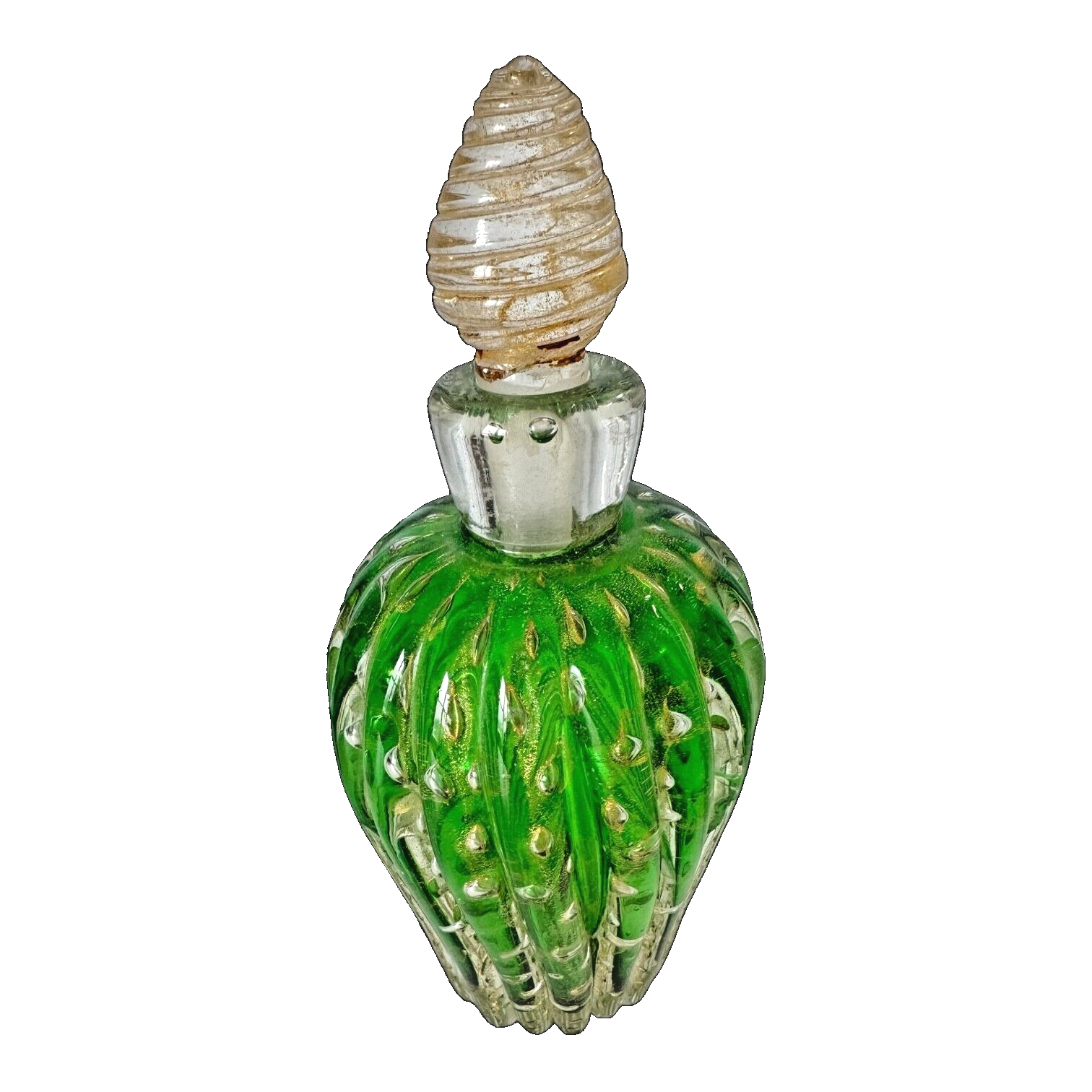 Vintage Murano Green Gold Leaf Glass Perfume Bottle (Attr Barovier & Toso)
