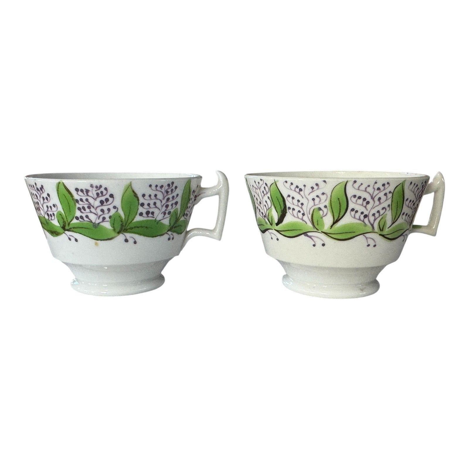 Antique Staffordshire Pearlware Hand Enameled Purple Floral Teacups