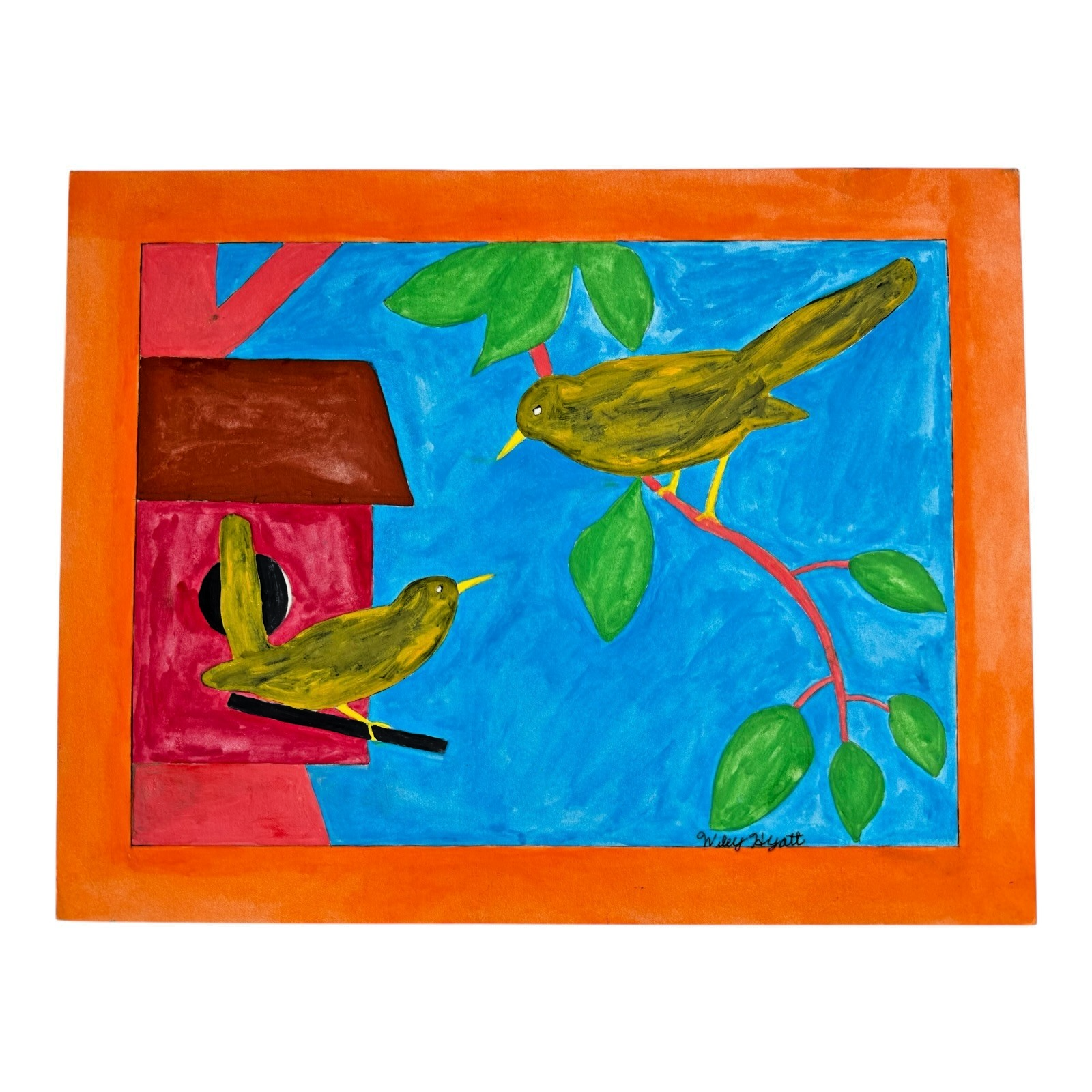 Vintage American Folk Art Primitive Outsider Art Bird Painting - Signed