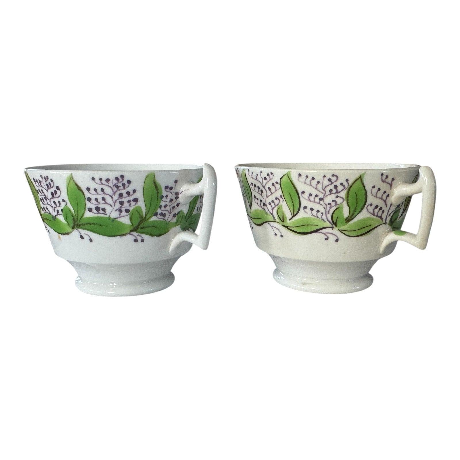 Antique Staffordshire Pearlware Hand Enameled Purple Floral Teacups